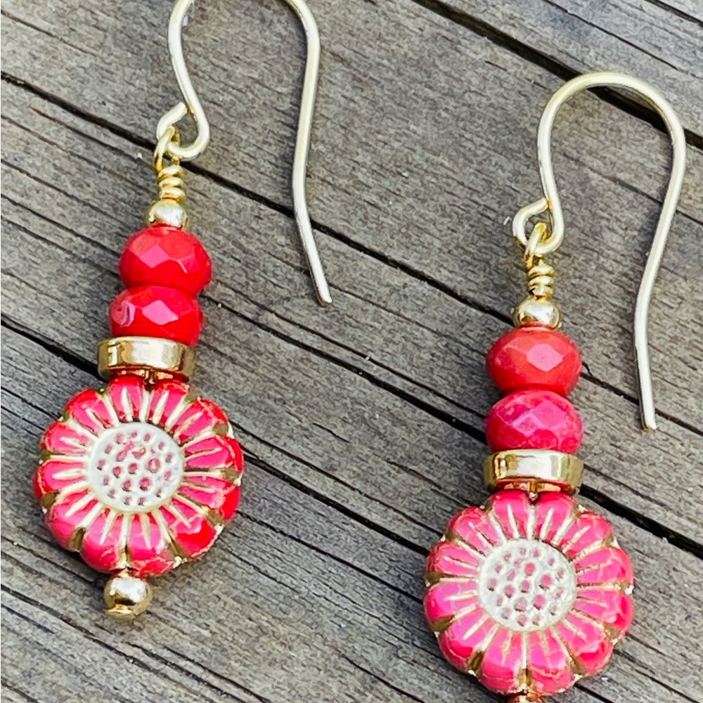 NEW Sunflower and Red Coral gemstone Fall Autumn Drop Earrings